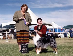 Zoe winning Reserve Winners Bitch under Judge Stephanie Hedgepath at Greater Sierra Vista KC, Tucson, AZ, November 18, 2001.       